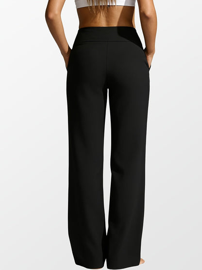 Pantalon de yoga taille haute à jambe droite pour femme avec poches – Vêtement de sport décontracté, extensible et ample pour femme, pantalon d'entraînement uni d'été pour le yoga, la gym, le pilates et le quotidien, S-XXL