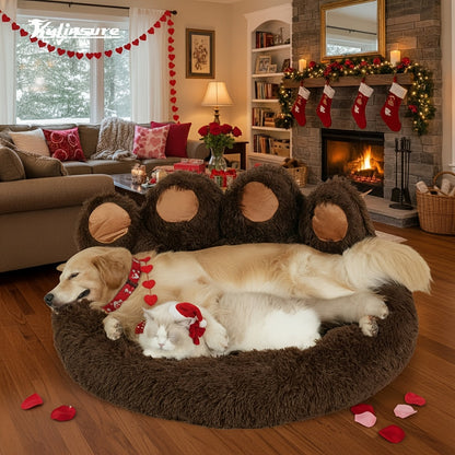 Lit pour chien et chat en forme de patte d'ours – Coussin rond apaisant, chaud et doux en peluche pour animal de compagnie avec foulard bonus, S M L XL 2XL Café Rose Gris Marron pour chiens et chats de petite, moyenne et grande taille