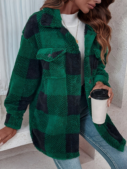Plush Winter Jacket for Women Soft Suede PU Fabric Plaid Pattern Coat Fall Winter Warm Outerwear Khaki Black Green Pink Yellow Gray S M L XL XXL