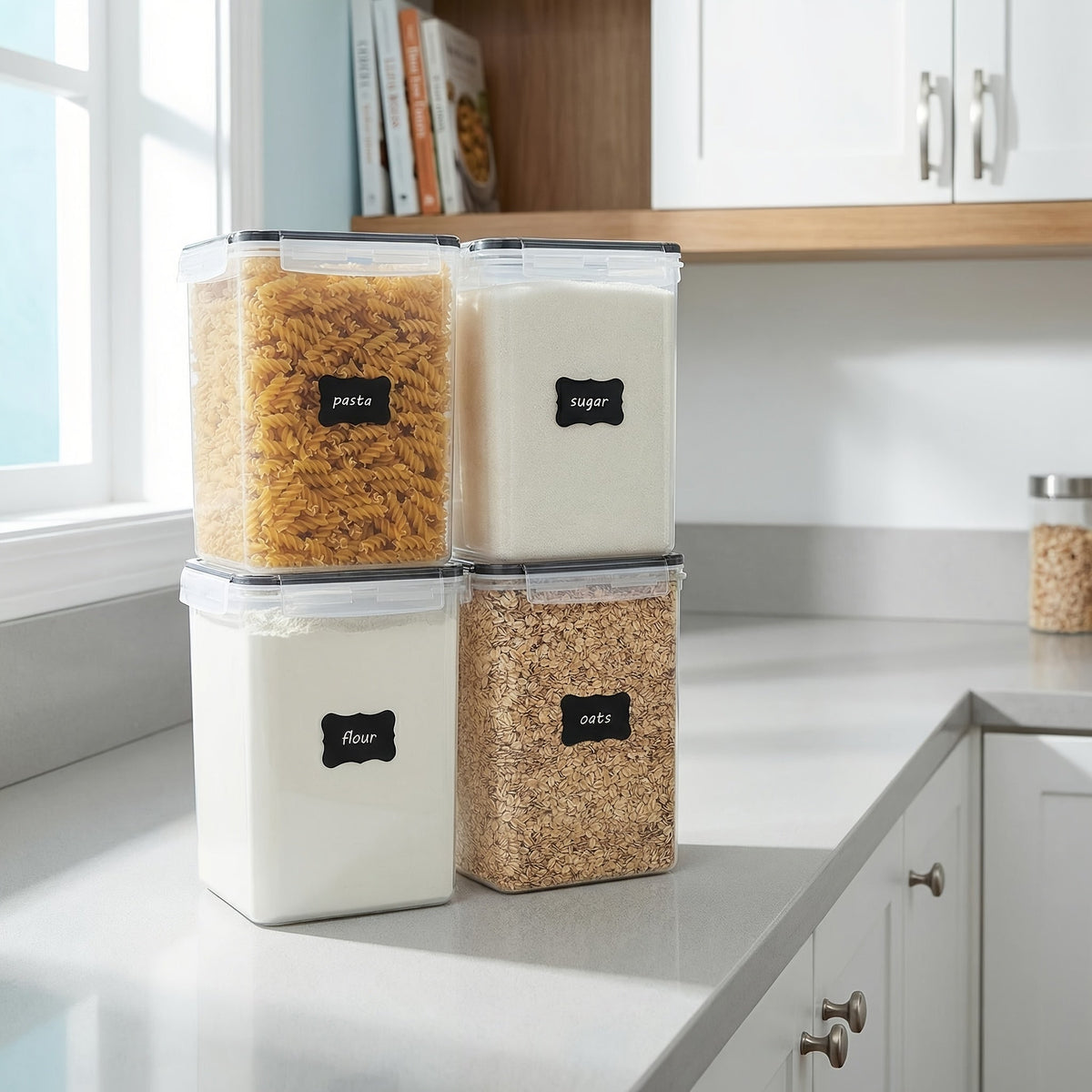 Lot de 4 grands récipients hermétiques de conservation alimentaire, boîtes en plastique sans BPA pour farine, sucre, riz, pâtes, fournitures de pâtisserie avec couvercles, 4 tasses à mesurer, 24 étiquettes, ensemble organisateur de garde-manger noir