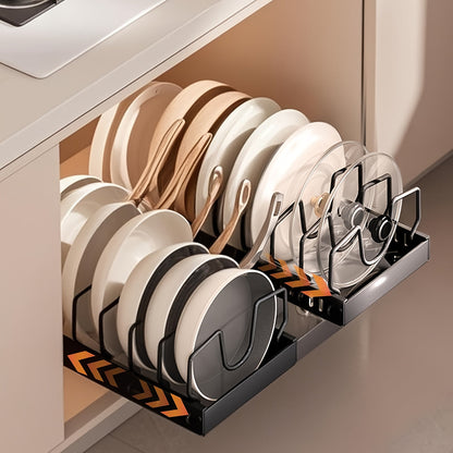 Organisateur de casseroles et poêles coulissant pour placards de cuisine – Rangement coulissant pour couvercles et ustensiles avec 8/16 séparateurs réglables pour couvercles, moules et assiettes, boîte de rangement pour placard, noir ou blanc