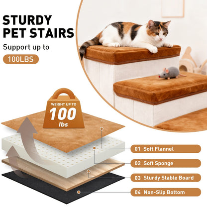 Escalier pliable pour petits chiens à 3 marches – Rampe pour animaux en nylon antidérapant pour lits et canapés surélevés, design pliable compact, marron et blanc, inclut une peluche en forme de patte de poulet en bonus