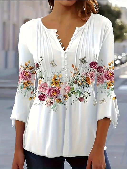 Blouse boutonnée à imprimé floral pour femme, haut à col en V cranté pour le printemps et l'été, chemise décontractée vintage 95 % polyester, S-XXL