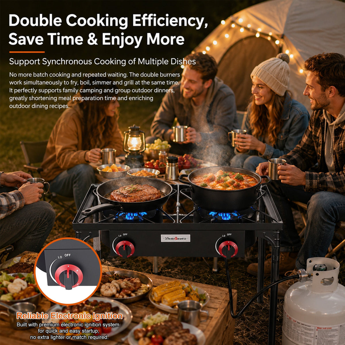 Réchaud de camping portable au propane DR.CAMP – Brûleur en fonte ultra-résistant avec pieds amovibles, options à un ou deux brûleurs, réchaud à gaz haute pression pour le camping, le barbecue, la survie et la cuisine en extérieur
