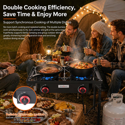 Réchaud de camping portable au propane DR.CAMP – Brûleur en fonte ultra-résistant avec pieds amovibles, options à un ou deux brûleurs, réchaud à gaz haute pression pour le camping, le barbecue, la survie et la cuisine en extérieur