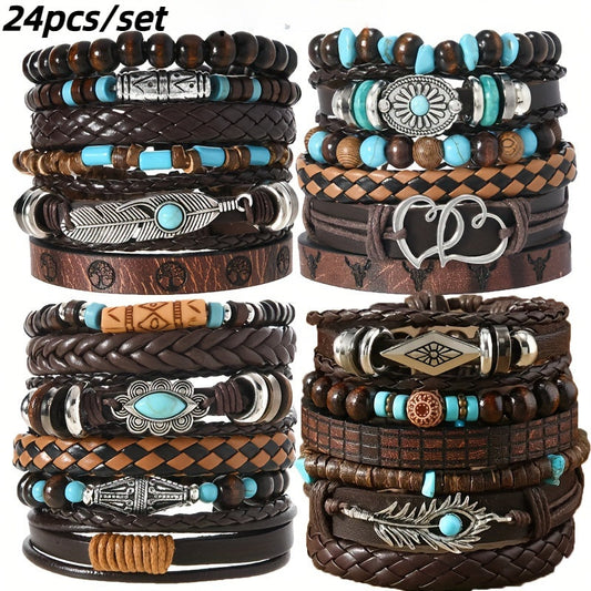 24pcs Boho Bracelet Set for Women – Turquoise Bead, Woven PU Leather & Flower Pendant Stackable Bracelets, Bohemian Western Denim Style Jewelry, Layered Wrist Stack Gift Set for Teen Girls & Adults