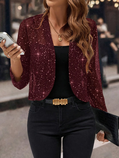 Gilet court à paillettes pour femme – Blazer décontracté à manches 3/4 plissé doré métallisé pour le travail ou les soirées