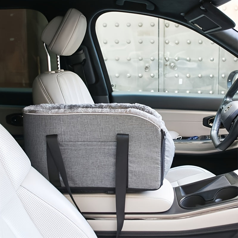 Lit pour console centrale de voiture pour animaux de compagnie - Panier pour chien et chat amovible avec sac à main détachable, transporteur toutes saisons pour console de voiture, gris et noir, compagnon de voyage confortable