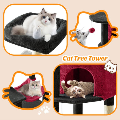 Arbre à chat avec hamac et poteaux à griffer en sisal de 112 cm – Condominium pour chats d'intérieur à plusieurs niveaux avec perchoirs naturels pour grands chats et foyers multi-chats, base stable et robuste, beige, gris, rose, noir