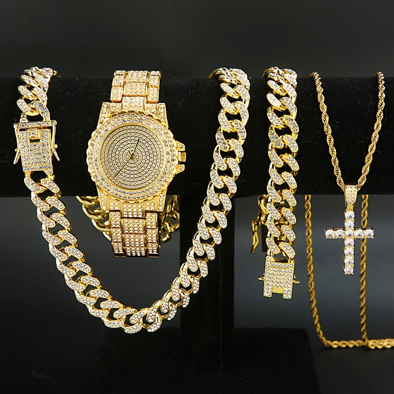 Ensemble de 5 pièces de luxe pour montre et bijoux – Pour hommes et femmes – Montre à quartz, collier à maillons cubains, bracelet, bague et pendentif croix, cadeau de Noël idéal, en or et argent