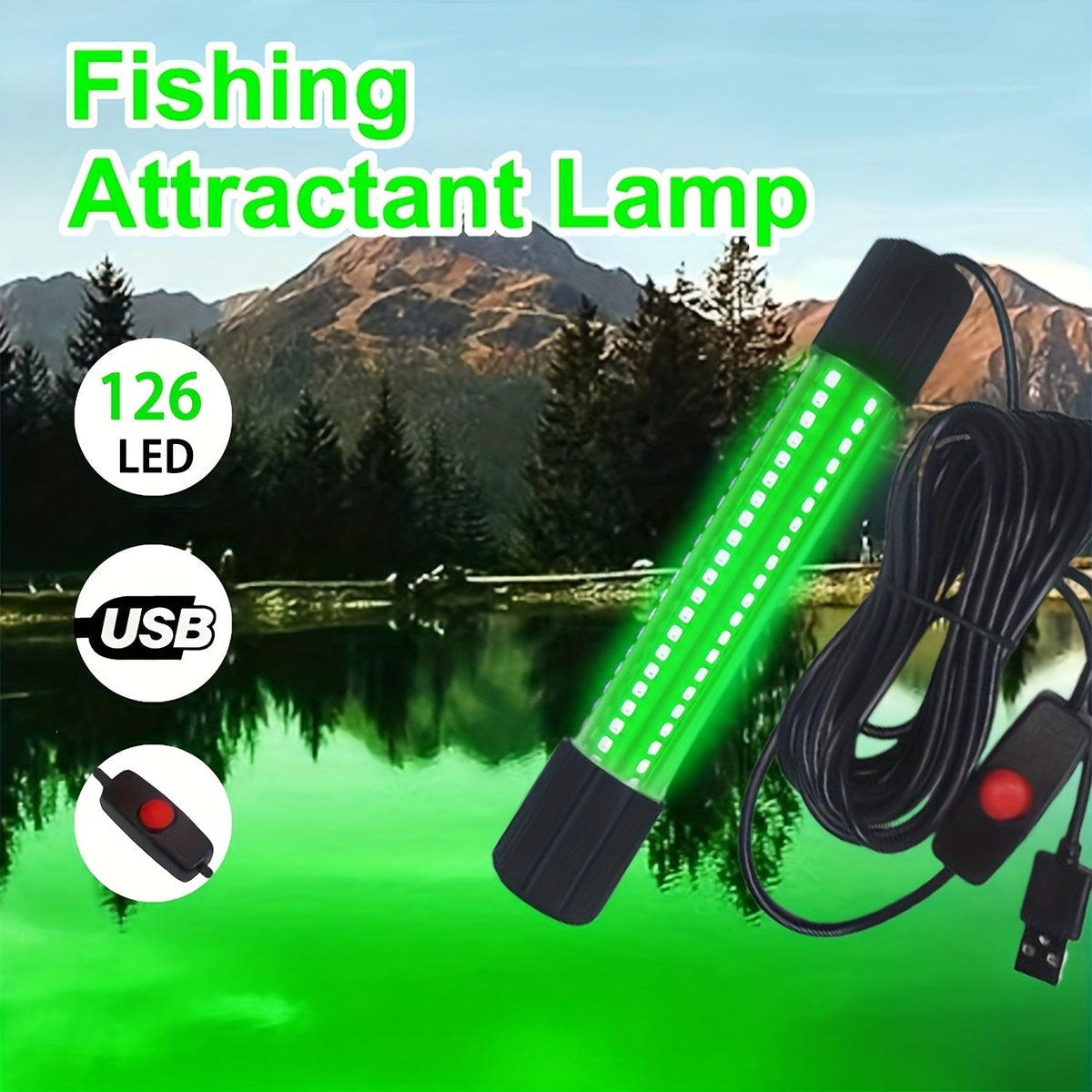 Lampe de pêche sous-marine USB à 126 LED avec cordon de 5 m – Attracteur de poissons de nuit pour bateau, quai et pêche sur glace, options d'éclairage vert et blanc, lampe détecteur de poissons alimentée par USB
