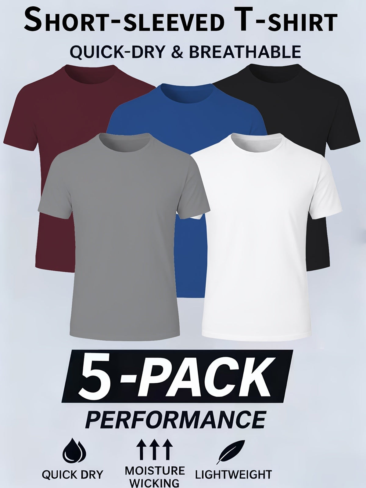 Lot de 5 t-shirts de sport pour homme à séchage rapide, respirants et anti-humidité, col rond en polyester pour la gym, la course, l'entraînement et le quotidien.