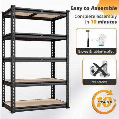 Étagère de rangement robuste en métal à 5 niveaux pour garage, 907 kg (2000 lb) – Étagère de rangement en acier réglable de 152 à 183 cm pour garage, sous-sol, garde-manger, cuisine et entrepôt, assemblage sans outils, noir