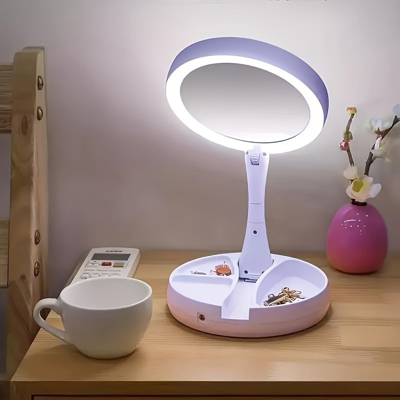 Miroir de maquillage LED avec grossissement 10X – Miroir de courtoisie double face éclairé, LED lumineuses, alimentation USB et piles, miroir de table facile à transporter pour salle de bain, chambre et coiffeuse