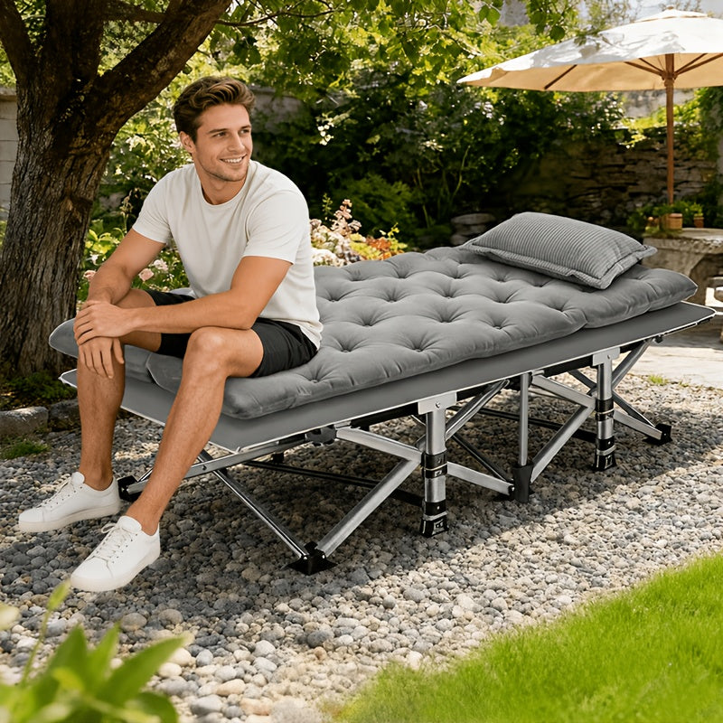 Lit de camping pliant avec matelas et poches latérales – Lit de camp portable robuste pour adultes, lit d'appoint pliable pour le camping, l'extérieur, la terrasse, le bureau ou la chambre d'amis