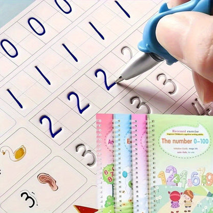 Lot de 4 cahiers d'exercices de calligraphie magiques réutilisables avec stylo et 8 recharges, cahiers d'entraînement à l'écriture pour enfants, kit d'écriture à l'eau réutilisable, cadeau de Noël pour enfants