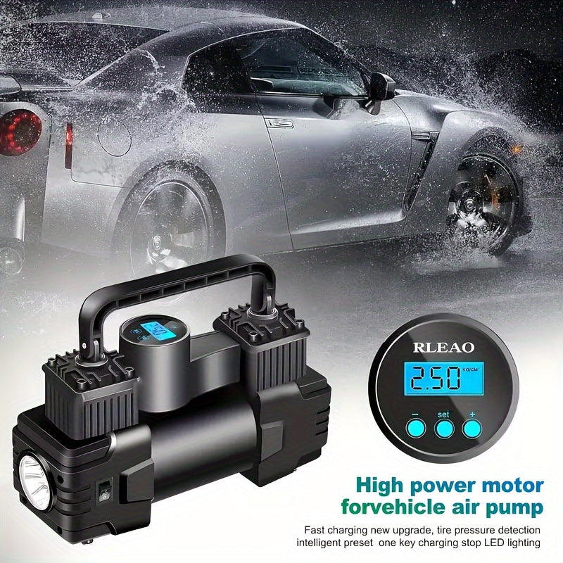 Compresseur d'air portable 12V 150 PSI – Pompe à air automatique à double cylindre avec manomètre numérique LED, arrêt automatique et lampe LED pour voiture, SUV, camion, vélo, ballon de basket et structures gonflables