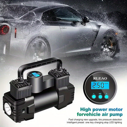 Compresseur d'air portable 12V 150 PSI – Pompe à air automatique à double cylindre avec manomètre numérique LED, arrêt automatique et lampe LED pour voiture, SUV, camion, vélo, ballon de basket et structures gonflables