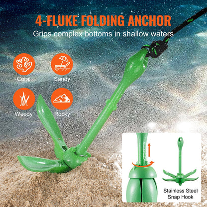VEVOR Kayak Anchor Kit 3.5 lb Folding 4-Fluke with 26.2 ft Marine Rope, Buoy & Snap Hook - Corrosion-Resistant Paddle Board Anchor for Kayaks, Canoes, SUP & Small Boats