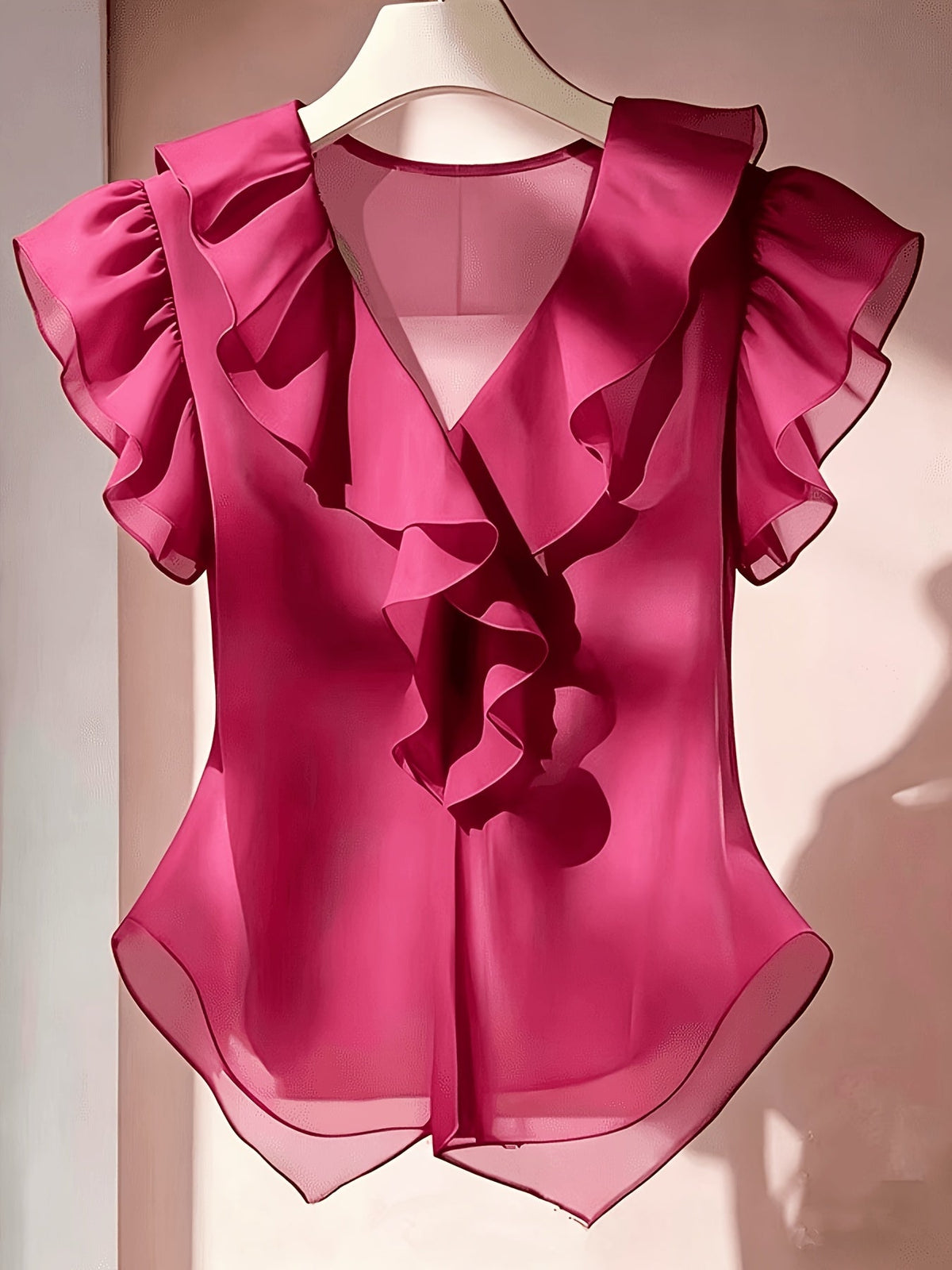 Haut femme en mousseline à manches courtes et volants – Chemisier d'été décontracté coupe évasée, couleur unie, disponible en 21 coloris, 100 % polyester tissé