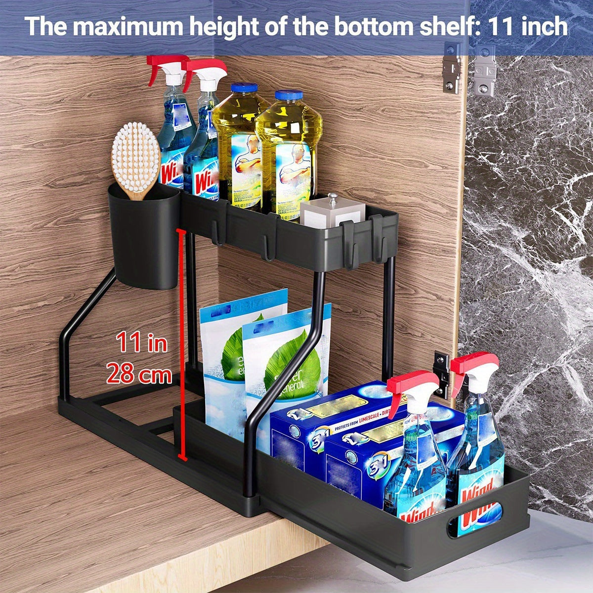Lot de 2 organisateurs sous évier avec tiroirs coulissants – Rangement de placard durable pour salle de bain et cuisine, rangement vertical gain de place, disponible en noir et blanc
