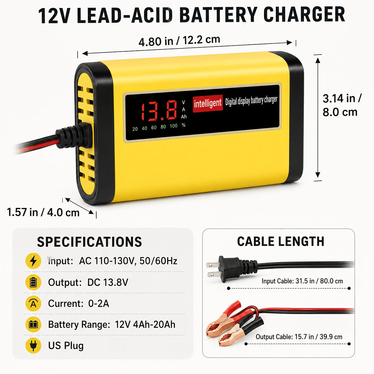 Chargeur et mainteneur de batterie de voiture intelligent 12V, chargeur d'entretien intelligent avec désulfatation et compensation de température pour batteries de 2Ah-100Ah – Compatible avec voiture, camion, moto et tondeuse à gazon