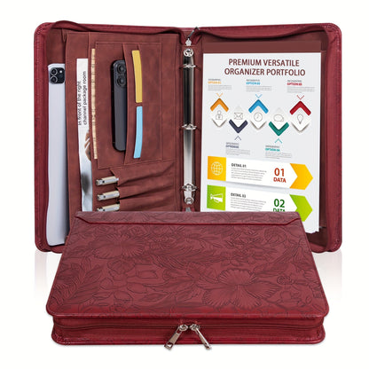 Classeur à anneaux avec fermeture éclair en cuir vegan, format A4, avec pochette pour ordinateur portable, organisateur de travail pour femmes et hommes
