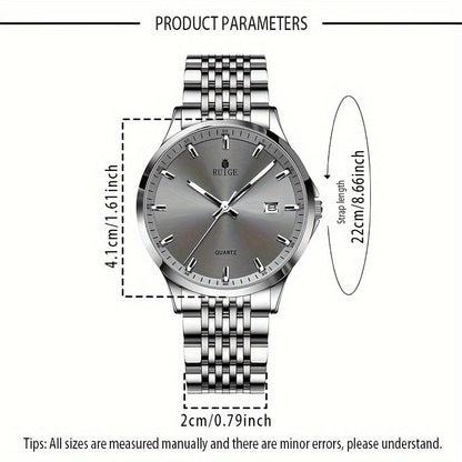 Montre à quartz de luxe pour homme RUIGE en acier inoxydable avec calendrier, fonction nocturne et strass - Montre sport, habillée et décontractée pour homme, cadeau pour lui