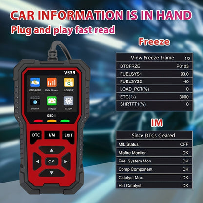 Scanner OBD2 V539 – Lecteur de code moteur complet avec 6 modes de réinitialisation, test de tension de batterie, lit et efface les codes sans batterie – Compatible avec tous les véhicules OBD2/EOBD de 1996 et plus récents