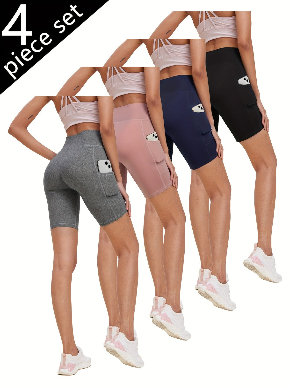 Shorts de yoga taille haute pour femmes, lot de 4, effet push-up, 5 poches – Shorts de sport respirants, extensibles et sans couture pour l'été, le yoga, le Pilates et l'entraînement en salle (Rouge, Noir, Gris, Bleu marine)