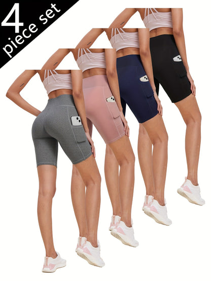 Shorts de yoga taille haute pour femmes, lot de 4, effet push-up, 5 poches – Shorts de sport respirants, extensibles et sans couture pour l'été, le yoga, le Pilates et l'entraînement en salle (Rouge, Noir, Gris, Bleu marine)