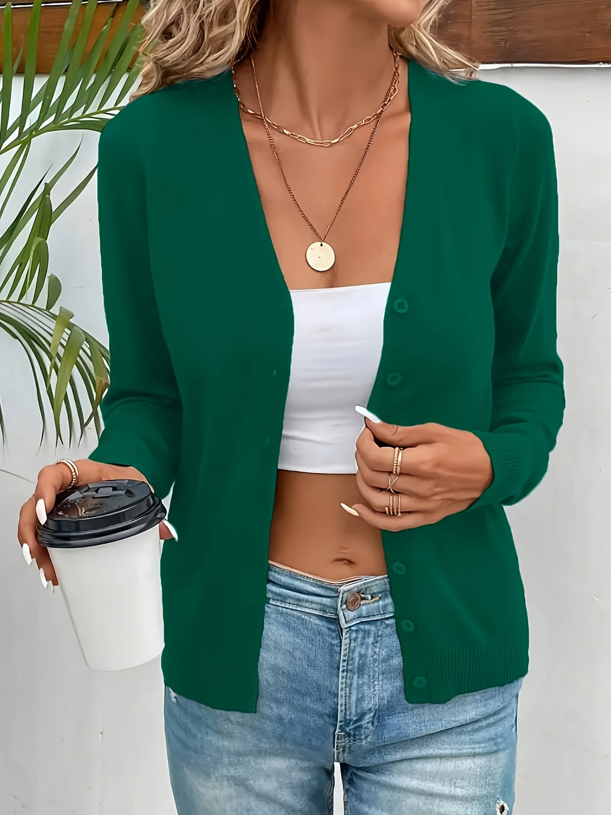 Women's Elegant V-Neck Button Knit Cardigan – High-End Solid Color Medium Stretch Jersey Sweater Office Casual Outerwear Fall Winter Layering Top