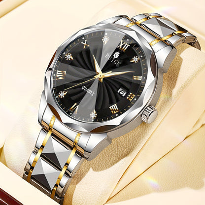 Montre à quartz pour homme RUIGE – Veilleuse, double calendrier, cadran à facettes façon diamant, boîtier en acier inoxydable, bracelet en alliage, montre-bracelet business décontracté, cadeau idéal pour la fête des pères