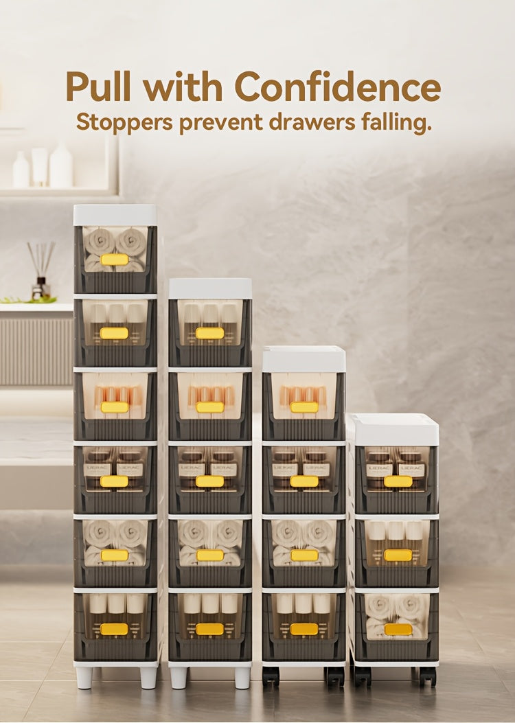 Meuble de rangement fin à roulettes avec tiroirs, organisateur en PP imperméable à 3, 4, 5 ou 6 niveaux pour salle de bain, cuisine, chambre, petits espaces – Tour de rangement étroite