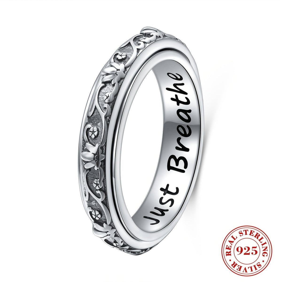 Bague anti-anxiété en argent sterling 925 avec motif fleur de lotus – Anneau rotatif oxydé « Just Breathe » pour soulager le stress, le TDAH, l'autisme et le yoga, bague unisexe pour l'inquiétude, tailles 57-67, cadeau pour femmes et hommes