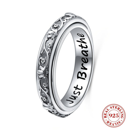 Bague anti-anxiété en argent sterling 925 avec motif fleur de lotus – Anneau rotatif oxydé « Just Breathe » pour soulager le stress, le TDAH, l'autisme et le yoga, bague unisexe pour l'inquiétude, tailles 57-67, cadeau pour femmes et hommes