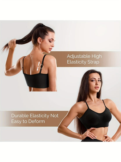 Lot de 4 brassières débardeurs à col en V avec coussinets – Soutien-gorge de sport sans armatures avec bretelles réglables pour femme, ensemble de brassières douces avec coussinets pour le quotidien, tailles S-XL, couleurs rouille, beige, vert, bleu