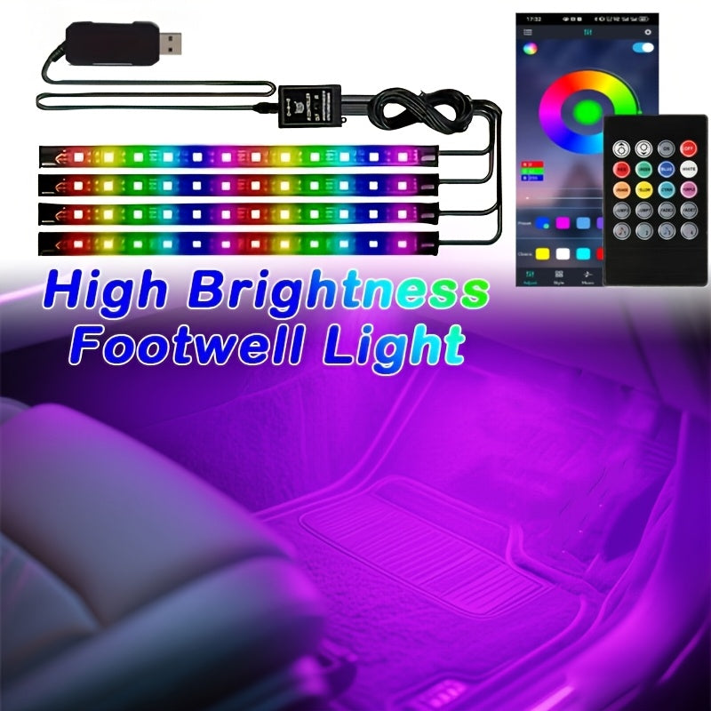 Kit d'éclairage intérieur LED RGB pour voiture, 4 bandes lumineuses pour espace aux pieds, 16 couleurs, alimenté par USB avec télécommande, éclairage d'ambiance DIY pour tous véhicules, voitures, camions et SUV