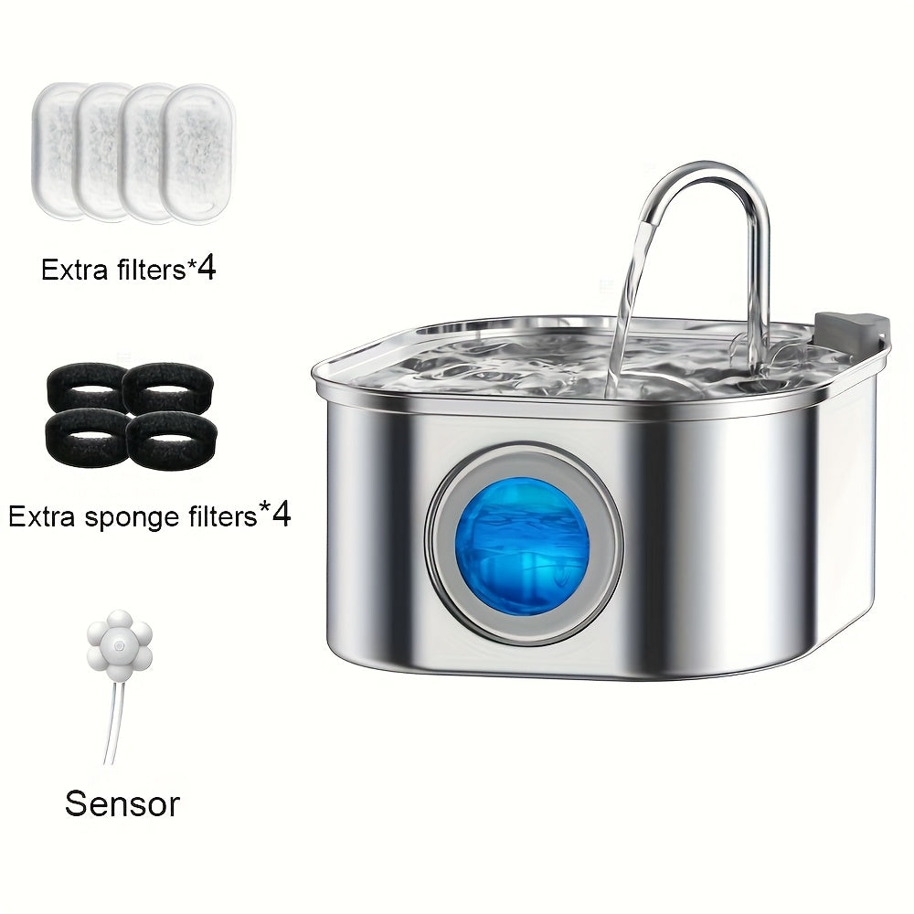 3.2L Automatic Cat & Dog Water Fountain – Stainless Steel Pet Water Dispenser with Multi-Filtration System, Visible Window, Motion Sensor, 2 Flow Modes, Silent Pump, Easy to Clean, for Cats Dogs Rabbits