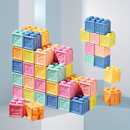 Blocs de construction souples en caoutchouc pour nourrissons et tout-petits – Jouet sensoriel à empiler, à mâcher et sans BPA, favorisant la préhension et le développement cognitif – 16, 24 ou 48 pièces – Âges 0-6 mois, 6-12 mois et 1-2 ans