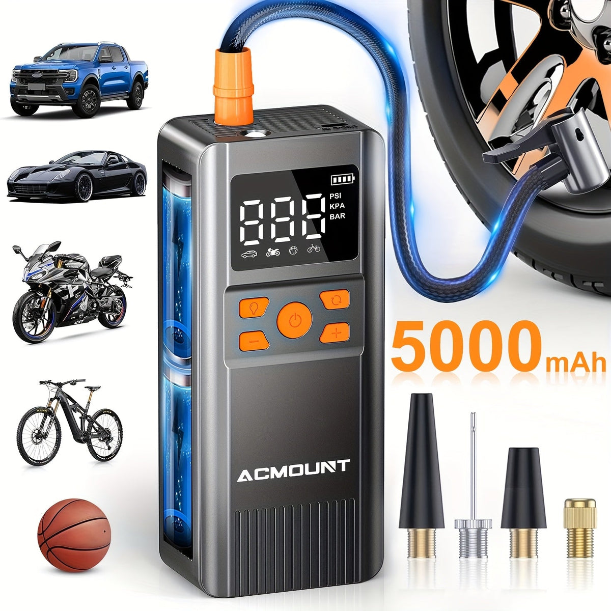Compresseur d'air portable sans fil 150 PSI – Gonflage 2x plus rapide, manomètre numérique, éclairage LED pour voiture, vélo, moto et ballon, pompe à air automatique rechargeable