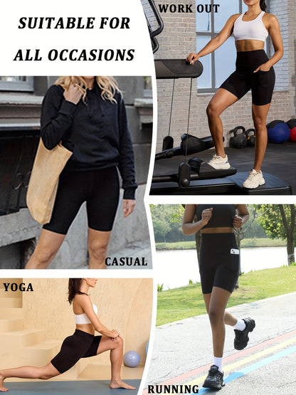 Lot de 5 shorts de cyclisme taille haute pour femme avec poches – Short de sport gainant, opaque, entrejambe de 15 cm, short athlétique ultra-doux et très extensible pour la course, le yoga, la gym et l'entraînement estival