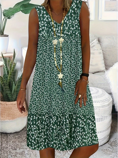 Women's V-Neck Sleeveless Dress Summer Floral Print Casual Sundress Loose Fit Beach Vacation Dress for Women S M L XL XXL