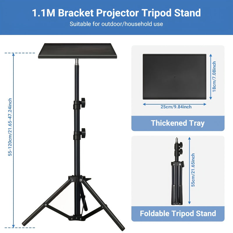 Trépied pour projecteur et ordinateur portable – Hauteur réglable avec support de téléphone col-de-cygne, plateau inclinable à 180°, capacité de 10 kg, support au sol portable pour bureau, maison, scène, studio et DJ