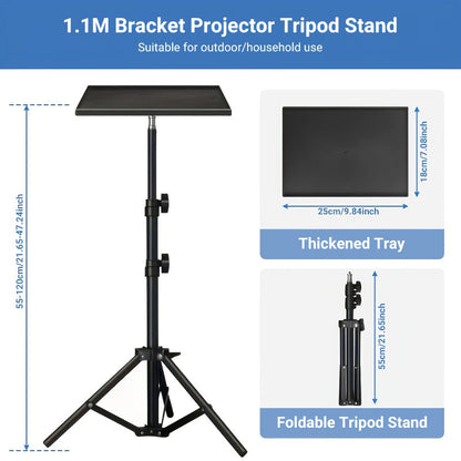 Trépied pour projecteur et ordinateur portable – Hauteur réglable avec support de téléphone col-de-cygne, plateau inclinable à 180°, capacité de 10 kg, support au sol portable pour bureau, maison, scène, studio et DJ