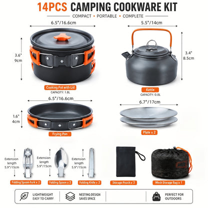 Kit de cuisine de camping 8/9/14/15 pièces, ensemble de cuisson portable antiadhésif en alliage d'aluminium avec bouilloire, casserole, poêle, assiettes et ustensiles, équipement de cuisine léger pour randonnée et voyage