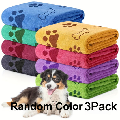 Quick-Dry Pet Towels 3-Pack – Soft Absorbent Microfiber Dog Bath Towels with Cute Paw Print Design, Fast-Drying Bathing Supplies for Small Medium Large Dogs and Cats, Random Colors