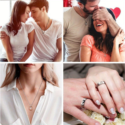 Ensemble de collier et bague de promesse pour couples, pendentif romantique pour lui et elle, cadeau d'anniversaire et de Saint-Valentin, bijoux vintage « Je t'aime » en 100 langues