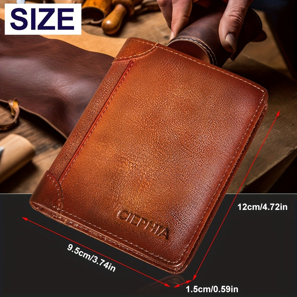 Portefeuille pour homme en cuir véritable avec protection RFID, trois volets, cuir de vachette vintage, porte-cartes de crédit, 2 fenêtres pour carte d'identité, pince à billets, emplacements pour espèces, cadeau de fête des pères pour papa ou mari