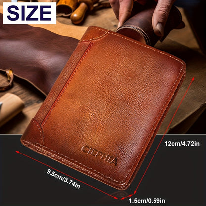 Portefeuille pour homme en cuir véritable avec protection RFID, trois volets, cuir de vachette vintage, porte-cartes de crédit, 2 fenêtres pour carte d'identité, pince à billets, emplacements pour espèces, cadeau de fête des pères pour papa ou mari